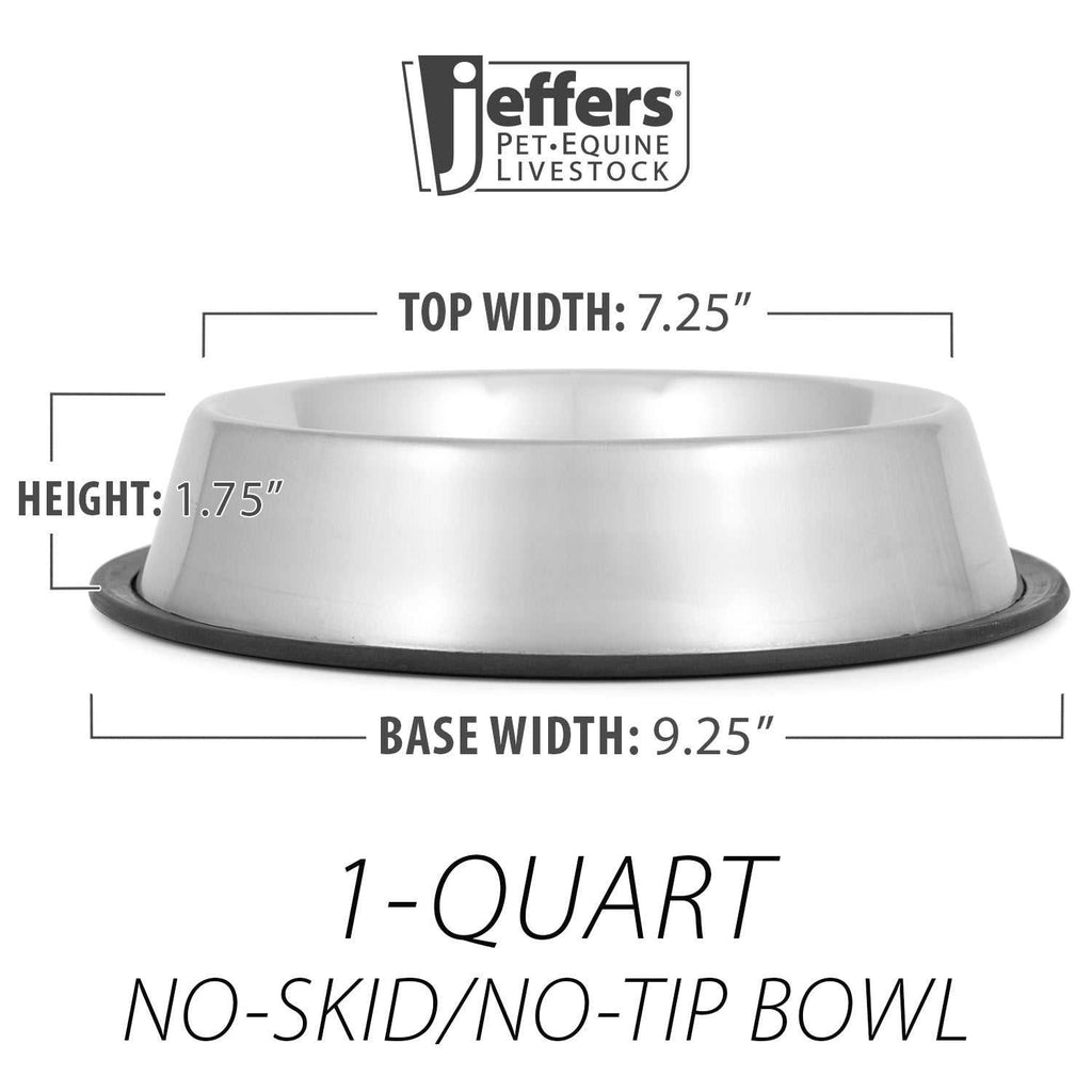 Jeffers No-Skid/No-Tip stainless steel pet bowls with rubber base prevent tipping and slipping