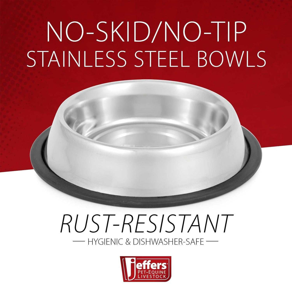 Jeffers No-Skid No-Tip stainless steel pet bowls with rubber base for stable feeding