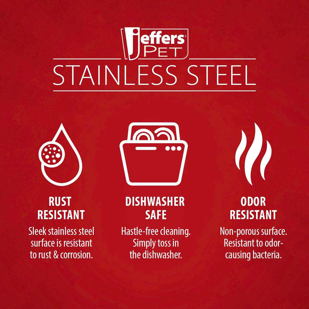 Jeffers No-Skid/No-Tip stainless steel pet bowls with rubber base preventing tipping and sliding