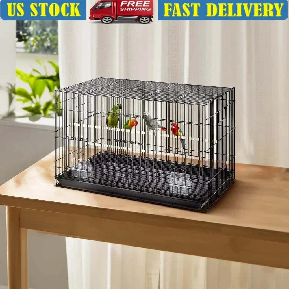 Large metal bird cage with perches and feeding boxes for cockatiels and parakeets