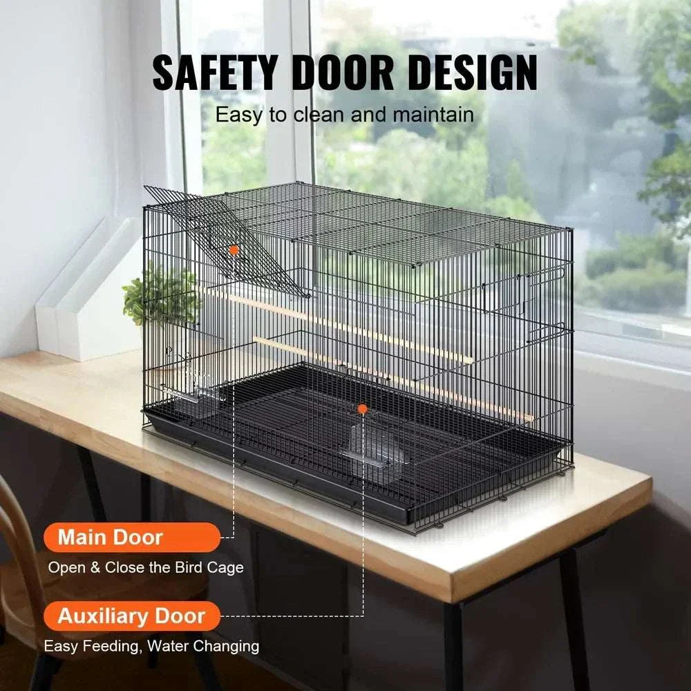 Large metal bird cage for cockatiels and parakeets with secure door, removable tray, and perches