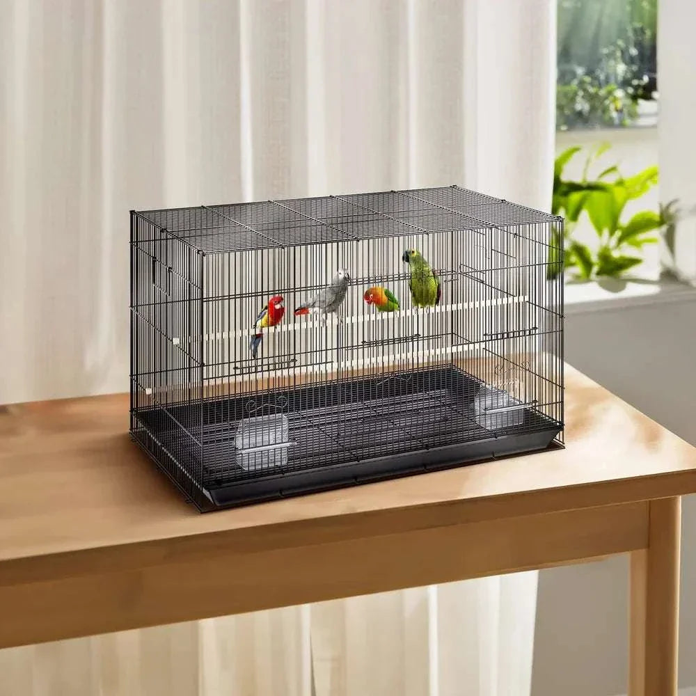 Large metal bird cage for cockatiels and parakeets with secure door, perches, and removable tray