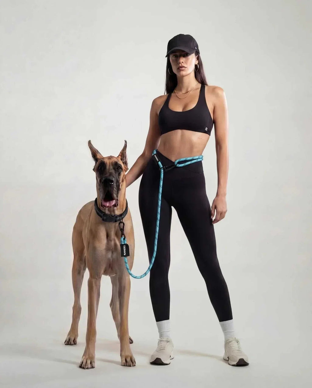 Aqua Blue Running Hands-Free Dog Leash with reflective details and adjustable ring for safe outdoor activities