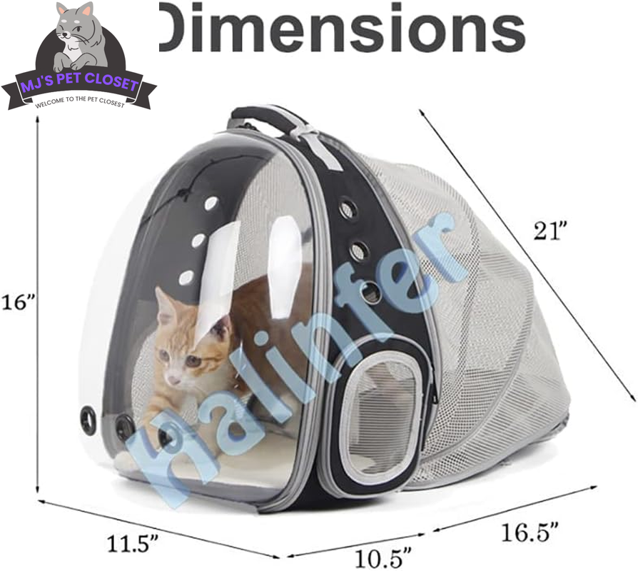 Cat bubble backpack with clear dome, ventilation holes, and expandable back for cats and small pets up to 12 lbs
