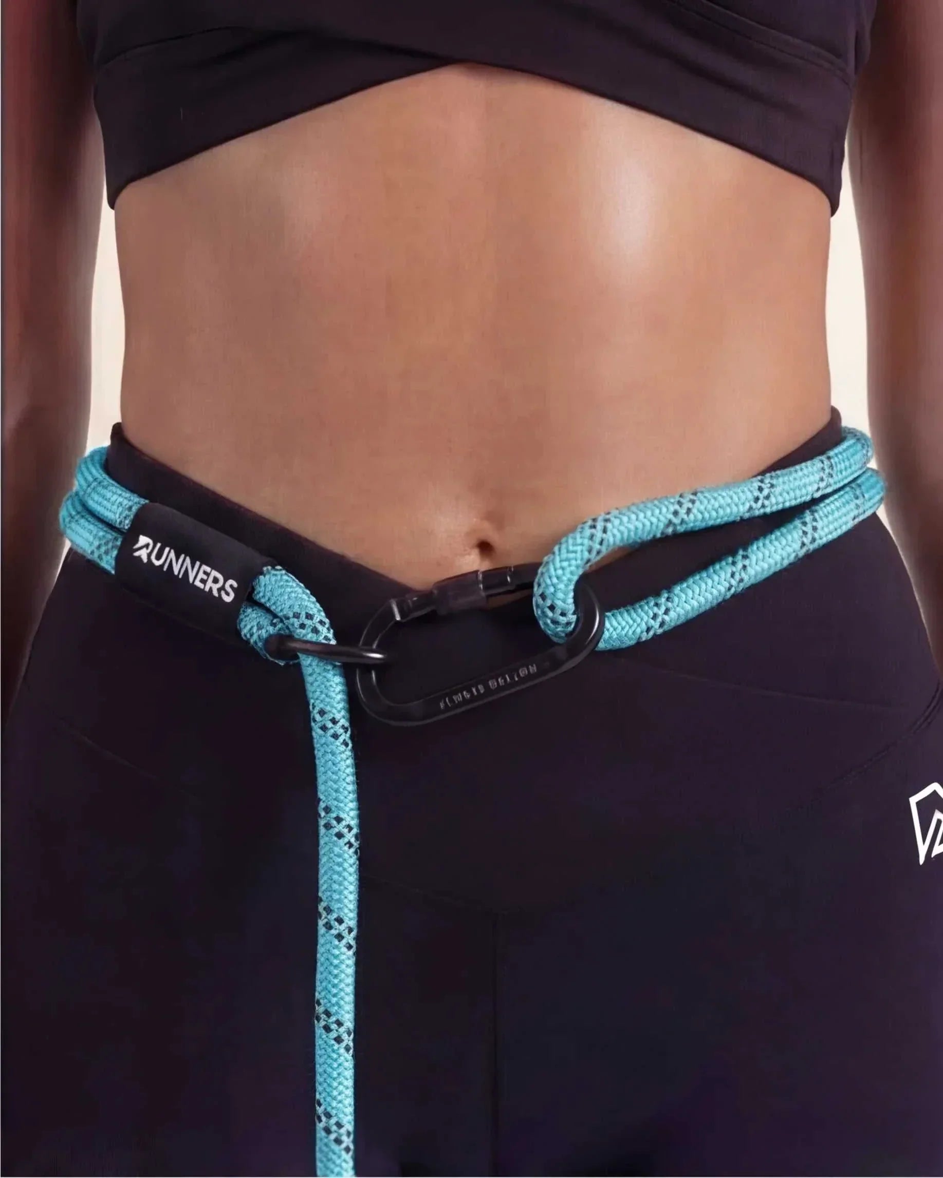 Aqua blue hands-free running dog leash with reflective detailing and adjustable middle ring